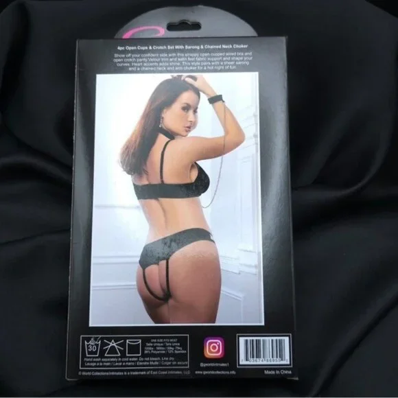 G World OH2501 4pc Open Cup Bra‎ Panty Choker Sarong Set Sexy Lingerie Black